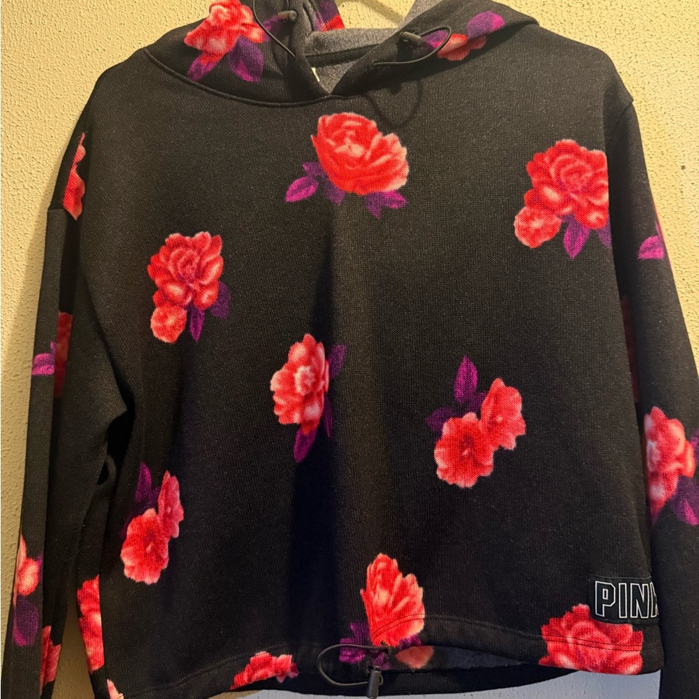 PINK Victoria's Secret Black Hoodie with Pink Floral Accents